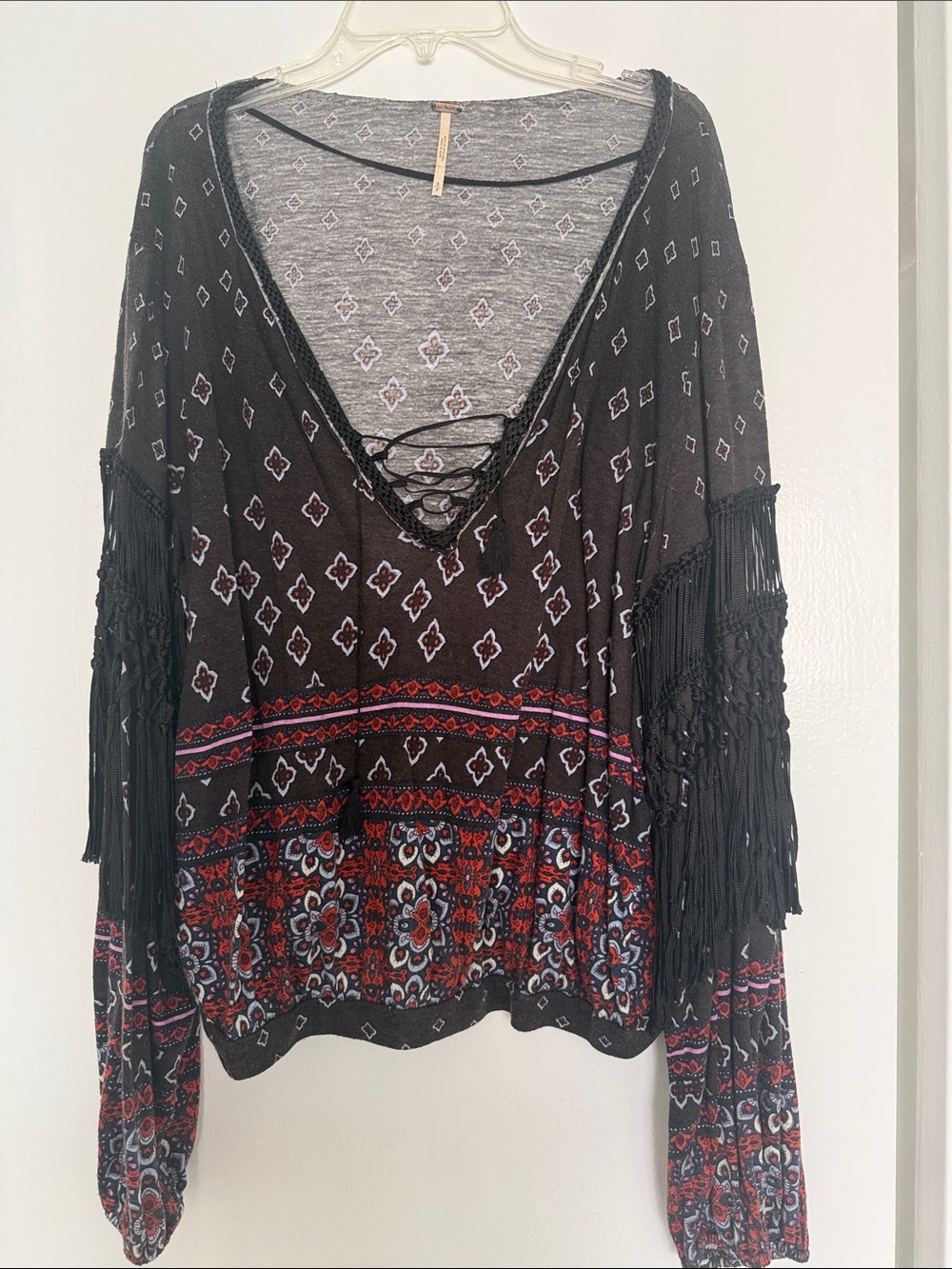 Free People Boho Lace-Up Fringe Long Sleeve Top - Black with Red Pattern